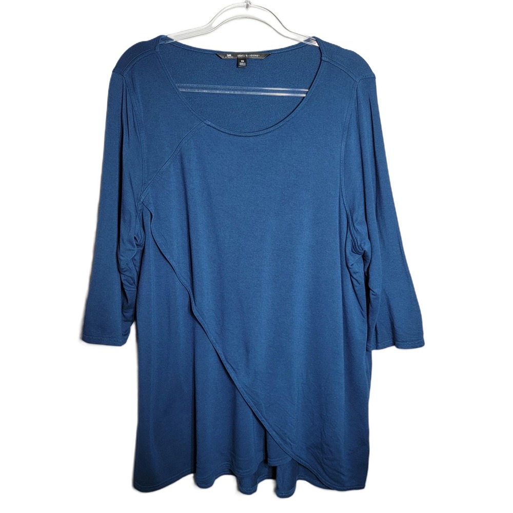 Lee Riders Shape Illusions Womens 1X Teal Blue Asymmetric Faux Wrap Knit Top